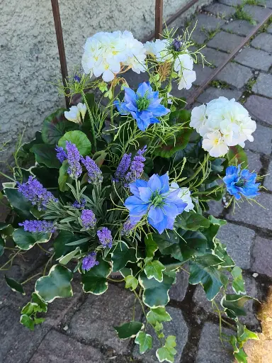 Gesteck Geranien in weiß / blau